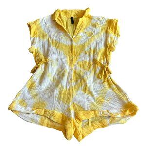 Out From Under Anthropologie Yellow White Romper Gauze Button-Down Size Small